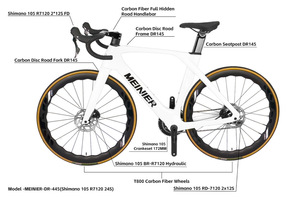 Full Carbon Road Bike WithShimano105 RD-R7120 Hydraulic Disc Brake Racing Bike 24 Speed Internal Cable Routing 700c Road Bike