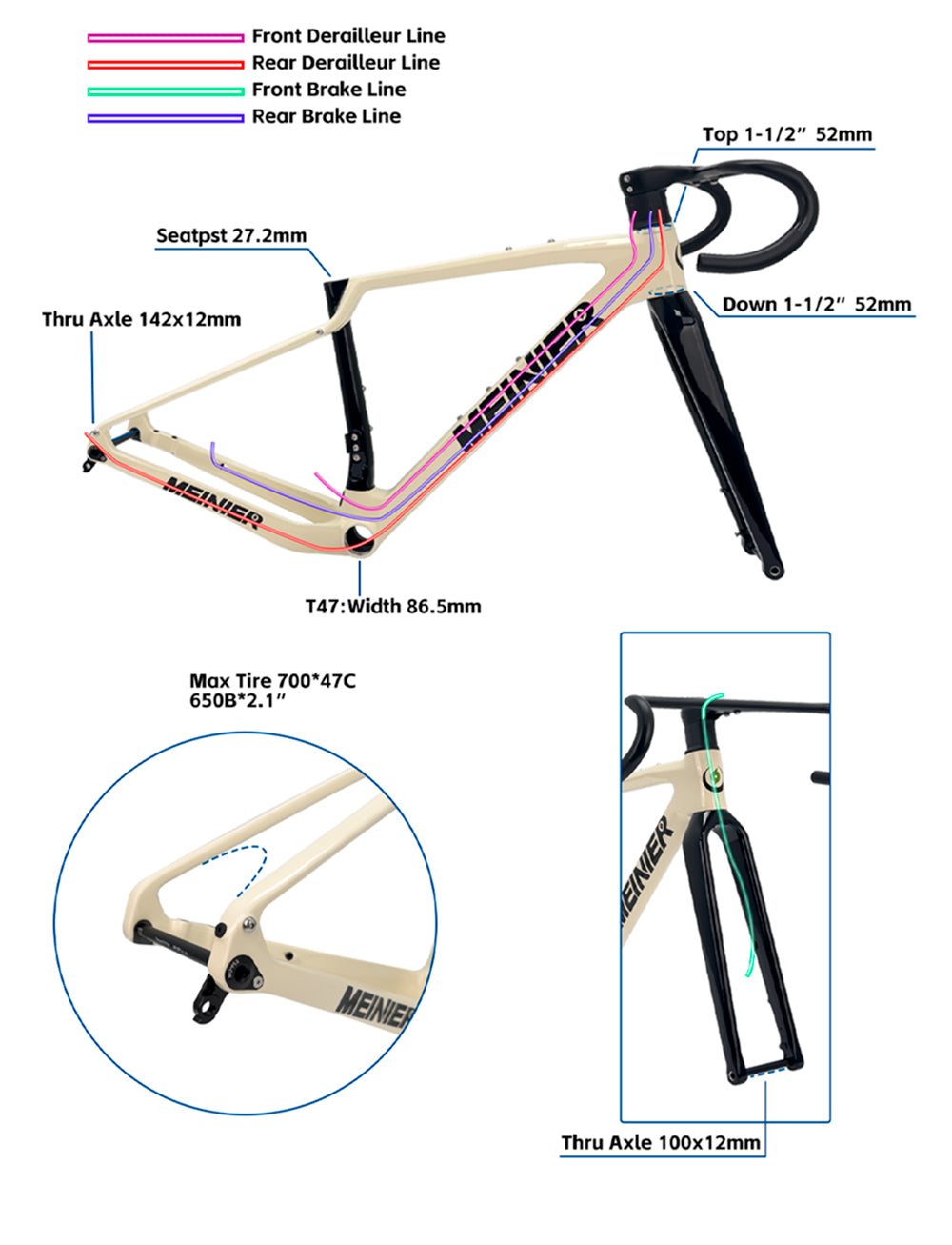Carbon Gravel Frame Hub142x12mm Axle Disc Brake T47 Cyclocross Frame with Integrated Handlebar Gravel Bicycle Frame