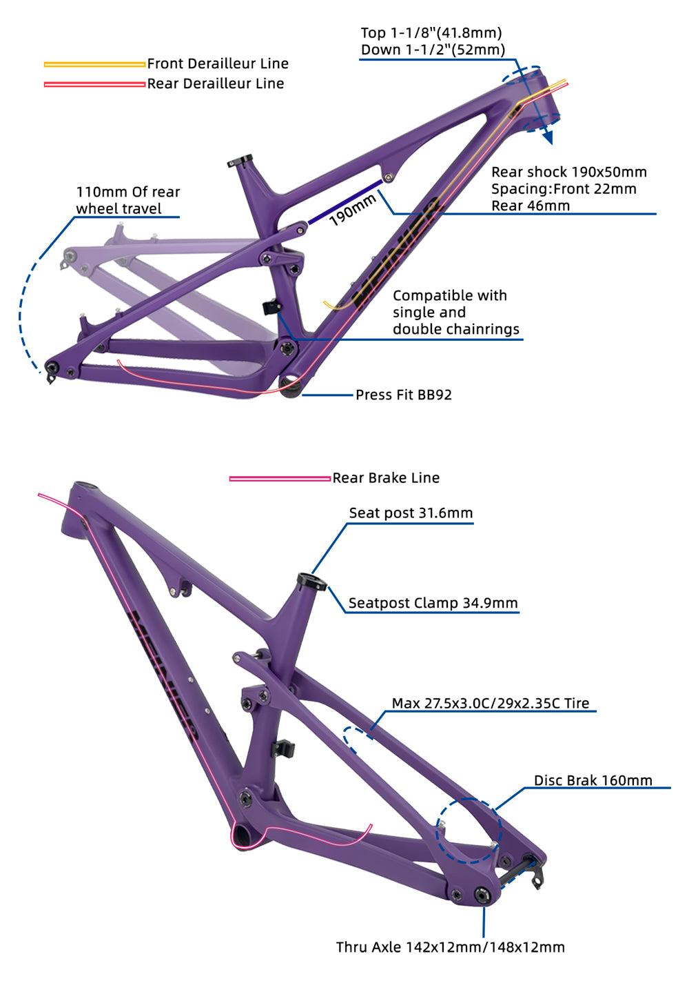 Full Suspension Mountain Bike Frame 148x12mm boost BB92 Disc Brake Soft Tail Frame Max Tire 27.5erX3.0 /29erX2.35 Mountain Bike MTB Frame Carbon