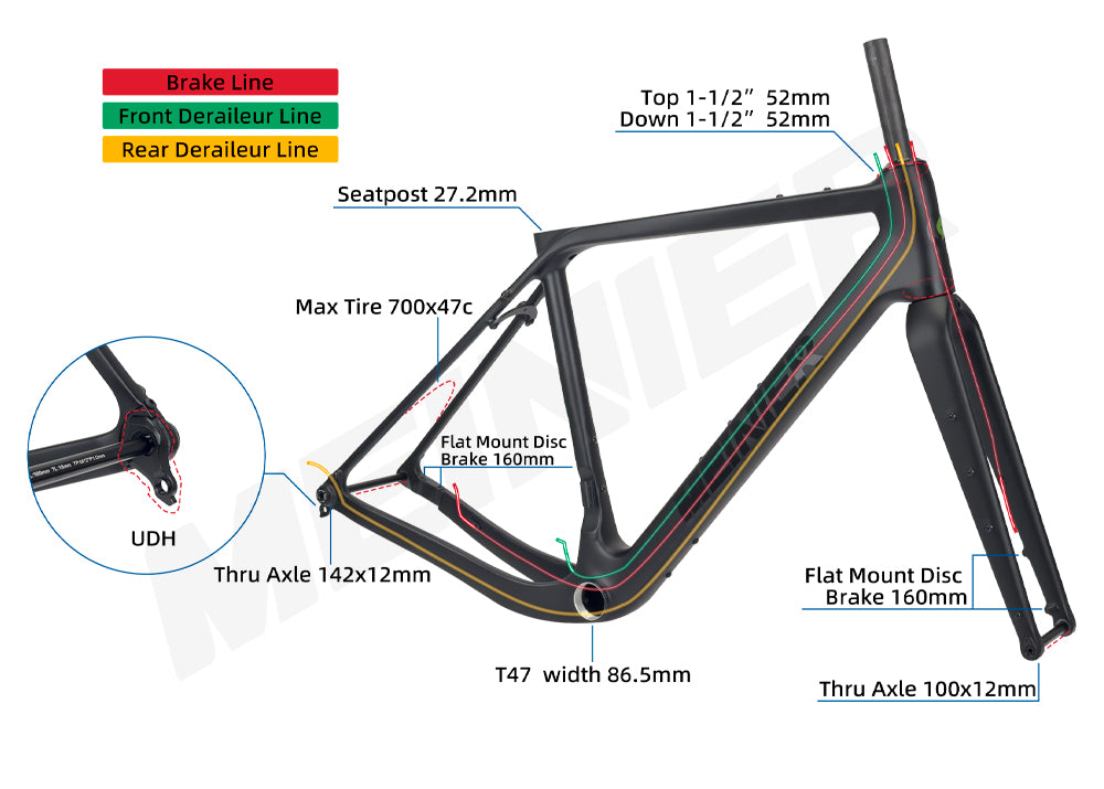 G23 Gravel Bike Frameset Max 700Cx47C Tires Internal Cable Routing Carbon Fiber Road Bike Frame Disc Brake for All-road