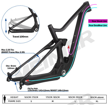 XC Mountain Bike Frame 29er Max 2.25 Tire Carbon Fiber Suspension Frame  Boost 148x12mm Disc