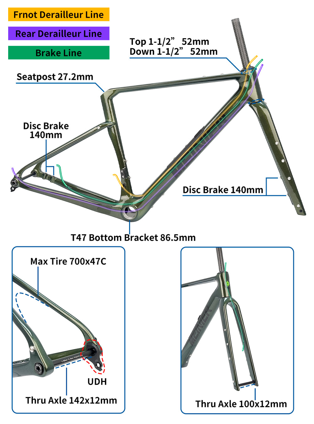 TY138 Chameleon Color Carbon Gravel Frameset with Tool Box UDH Hanger T47 Bottom Bracket Cyclocross Frame
