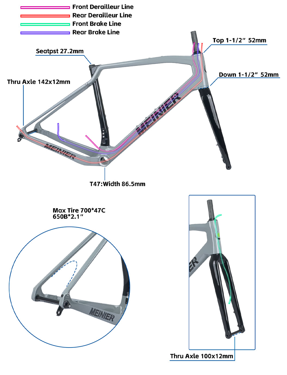 T1000 Carbon Gravel Frame 700C*47C T47 Flat Mount Disc Brake Gravel Bicycle Frameset Road Bike Frame Cyclocross Bike