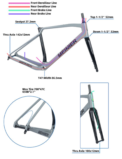 T1000 Carbon Gravel Frame 700C*47C T47 Flat Mount Disc Brake Gravel Bicycle Frameset Road Bike Frame Cyclocross Bike