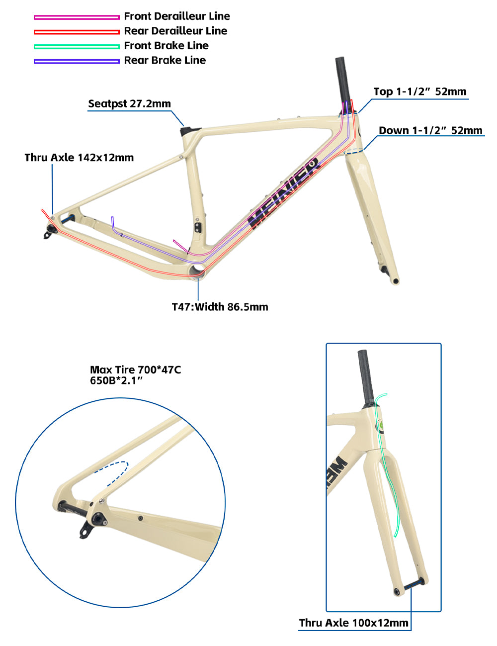 Lightweight Carbon Gravel Bike Frame 700Cx47C Max Tire 142x12mm Axle Disc Brake Cyclocross Frame