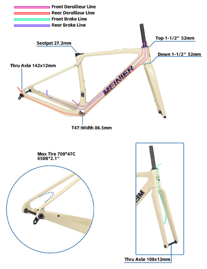 Lightweight Carbon Gravel Bike Frame 700Cx47C Max Tire 142x12mm Axle Disc Brake Cyclocross Frame
