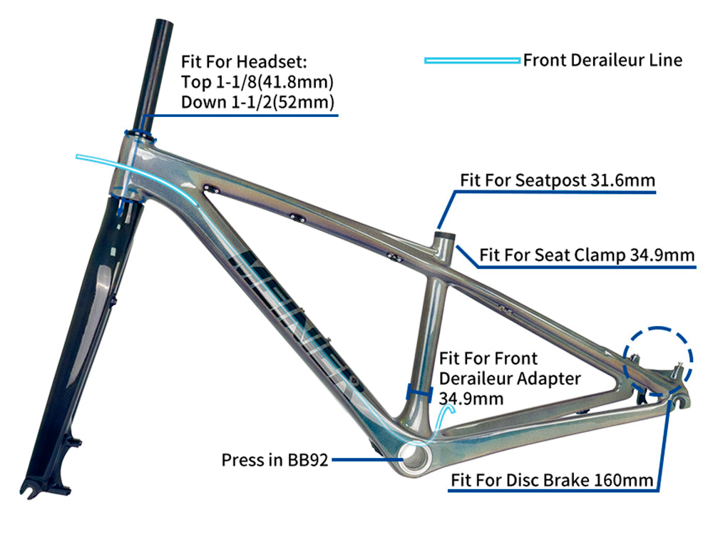 26 Inch T1000 Carbon Fiber MTB Hardtail Frame with Straight Tube Rigid Fork Disc Frameset 135x9mm Hub Lightweight Durable