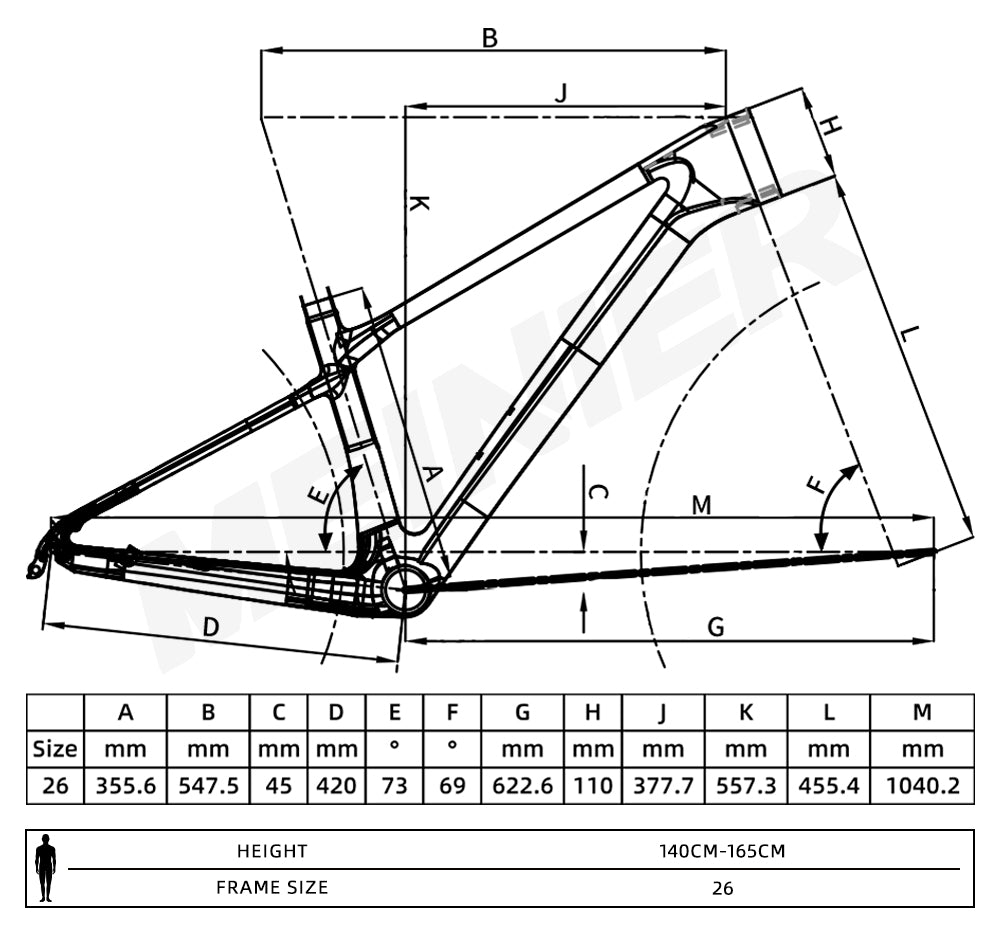 MEINIER Snake26 MTB Carbon Frame T47 Bottom Bracket Mtb Hardtail Frame for Riders Heights 140-165cm