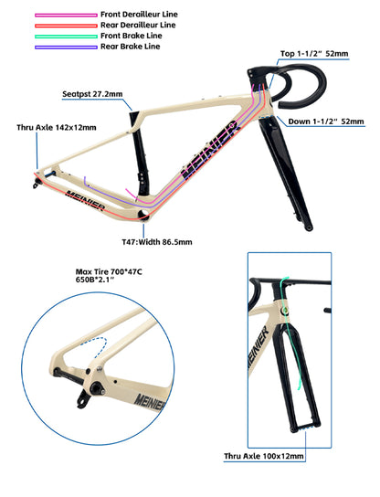 Carbon Gravel Frame Hub142x12mm Axle Disc Brake T47 Cyclocross Frame with Integrated Handlebar Gravel Bicycle Frame