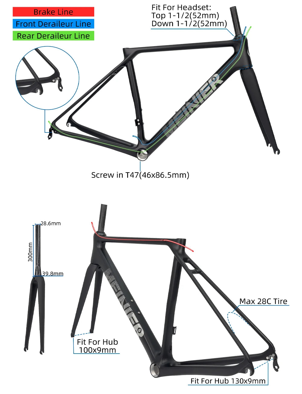 Carbon Road Bike Frameset 130x9mm Hub Lightweight V-Brake Racing Frame 700C Max 28C Tire