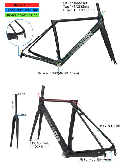 Carbon Road Bike Frameset 130x9mm Hub Lightweight V-Brake Racing Frame 700C Max 28C Tire
