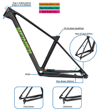 MEINIER Carbon Fiber Mountain Bike Frame Bottom Bracket PF30 Hard Tail Frame Max 27.5erx2.25Tire