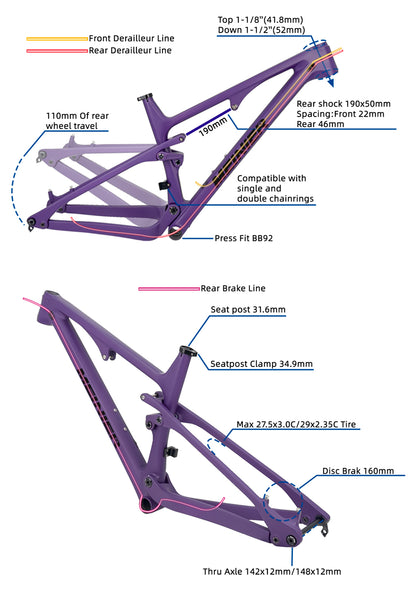 Full Suspension Mountain Bike Frame 148x12mm boost BB92 Disc Brake Soft Tail Frame Max Tire 27.5erX3.0 /29erX2.35 Mountain Bike MTB Frame Carbon