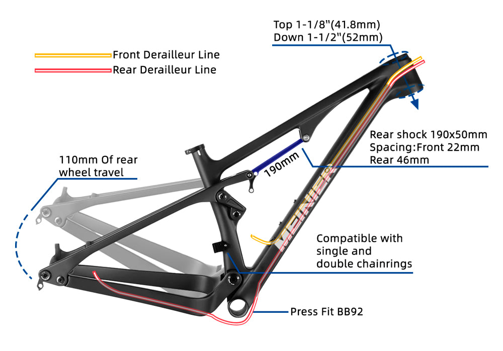 Carbon MTB Frame 29 Full Suspension Mtb Frame 110mm Frame Rear Shock Travel Length 190x50mmx22mm
