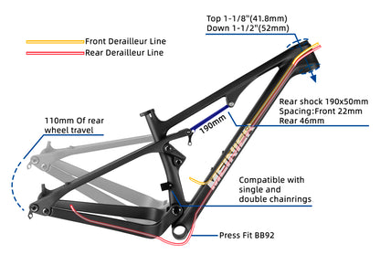 Carbon MTB Frame 29 Full Suspension Mtb Frame 110mm Frame Rear Shock Travel Length 190x50mmx22mm