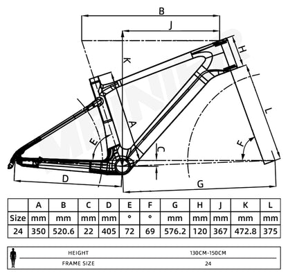 Kids Carbon Bike Frame MTB Frame 24 Inch Children Bicycles Frame Suitable for Children 130-150cm