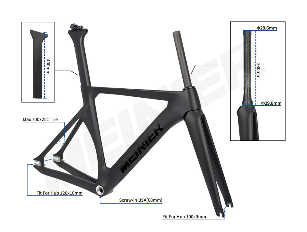 MEINIER Upgraded T1000 Carbon Track Frameset Max 700Cx25C Tire Fixed Gear Frame for Bike Racing Racing