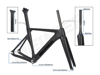 MEINIER Upgraded T1000 Carbon Track Frameset Max 700Cx25C Tire Fixed Gear Frame for Bike Racing Racing