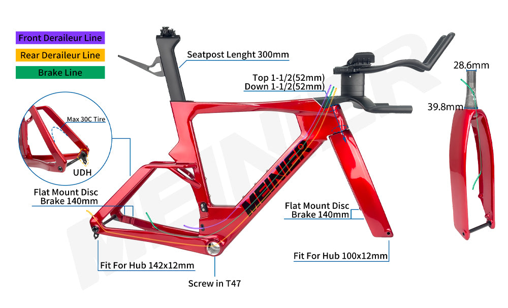MEINIER Time Trial Bike Frame Internal Cable Routing T47 Bottom Bracket  Lightweight Carbon TT Bike Frame Max Tire 30c