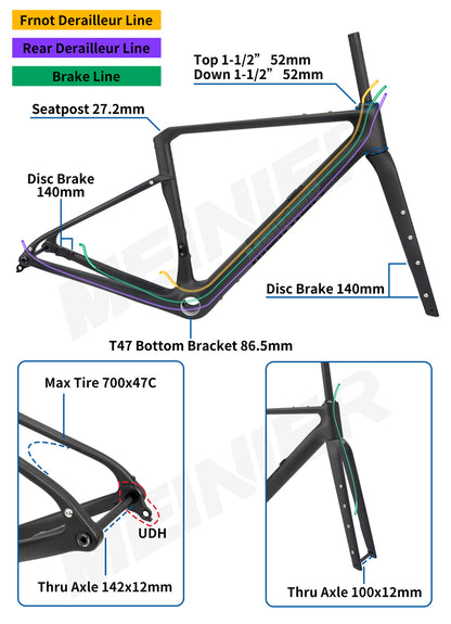 Carbon Gravel Frame with Tool Box UDH Hanger Cyclocross Frameset Bottom Bracket T47
