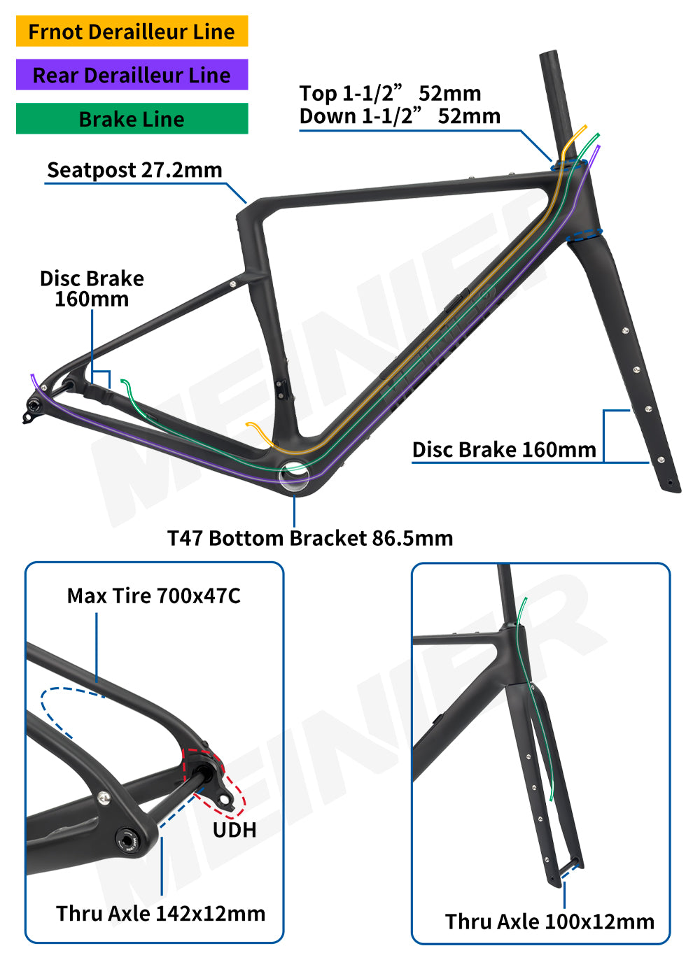 Carbon Gravel Frame with Tool Box UDH Hanger Cyclocross Frameset Bottom Bracket T47