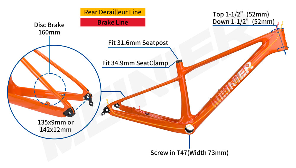 MEINIER Snake26 MTB Carbon Frame T47 Bottom Bracket Mtb Hardtail Frame for Riders Heights 140-165cm