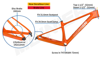 MEINIER Snake26 MTB Carbon Frame T47 Bottom Bracket Mtb Hardtail Frame for Riders Heights 140-165cm