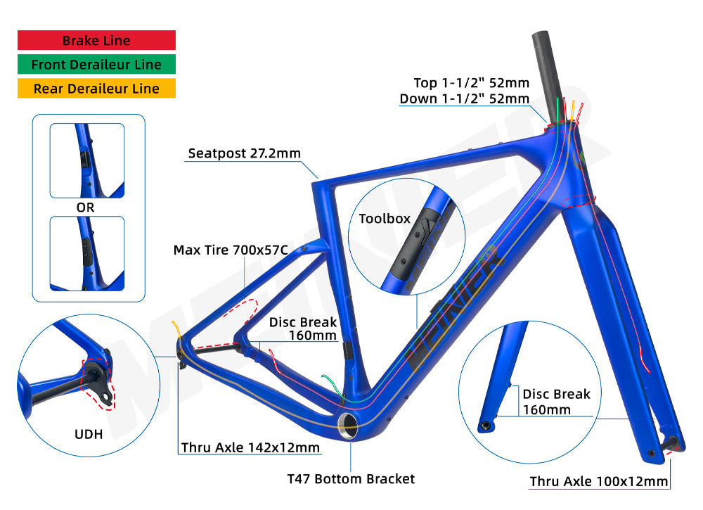 GRL15 Carbon Cyclocross Frameset Max Tire 700Cx57C Disc Brake Internal Cable Routing Gravel Frame with Tool Box UDH